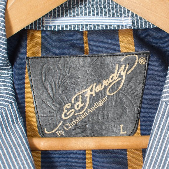 Ed Hardy by Christian Audigier L Men's Sport Coat Blue Stripe Embroidered Cotton - Picture 5 of 8